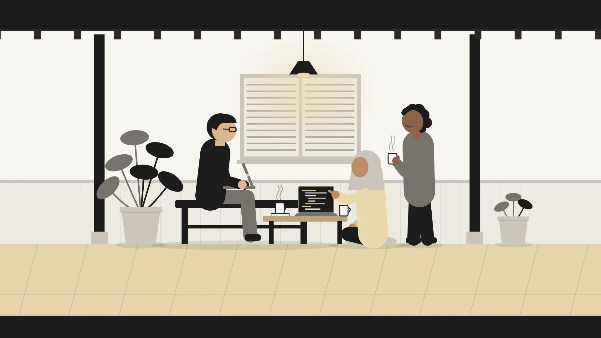 Ilustrasi tiga orang bersantai di teras rumah: satu ngoding di laptop, satu berdiskusi sambil menunjuk kode, dan satu memegang kopi